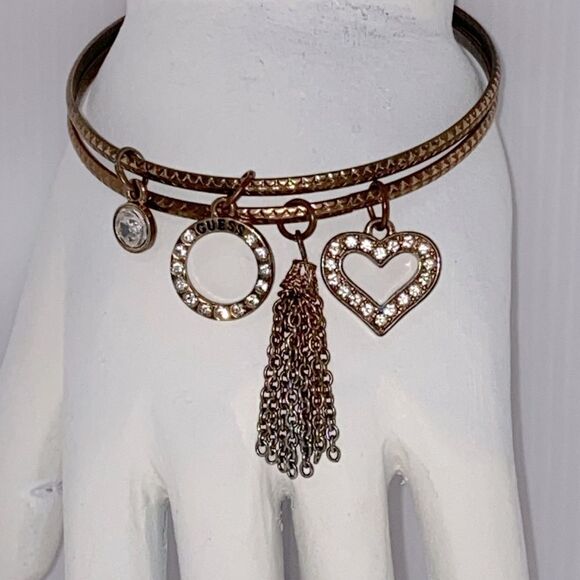 Guess Antique Style 2 Bangle Charm Bracelet Heart & Circle Rhinestone Tassle - Picture 5 of 6